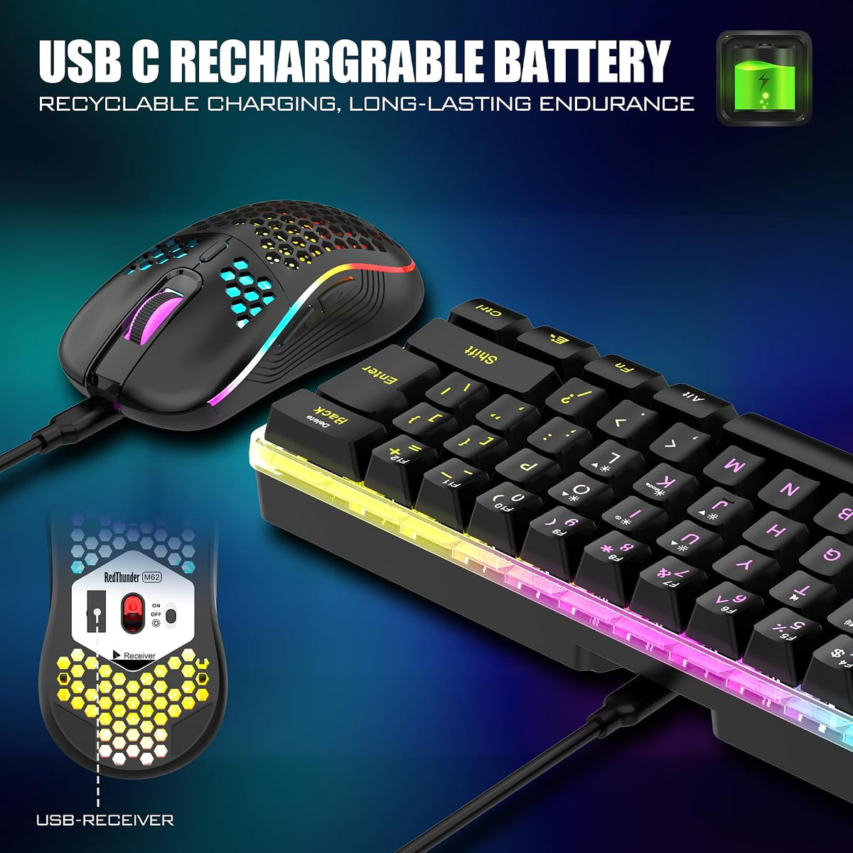 60% Wireless Gaming Keyboard and Mouse Combo, 2500mAh Rechargeable Battery, Ultra-Compact Small RGB Mechanical Feel