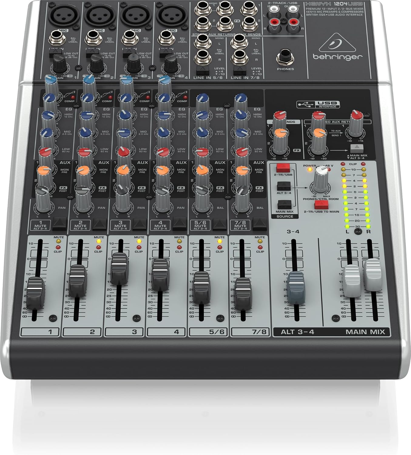 XENYX 1204USB Premium 12-Input 2/2-Bus Mixer with XENYX Mic Preamps and Compressors, British EQ and USB/Audio