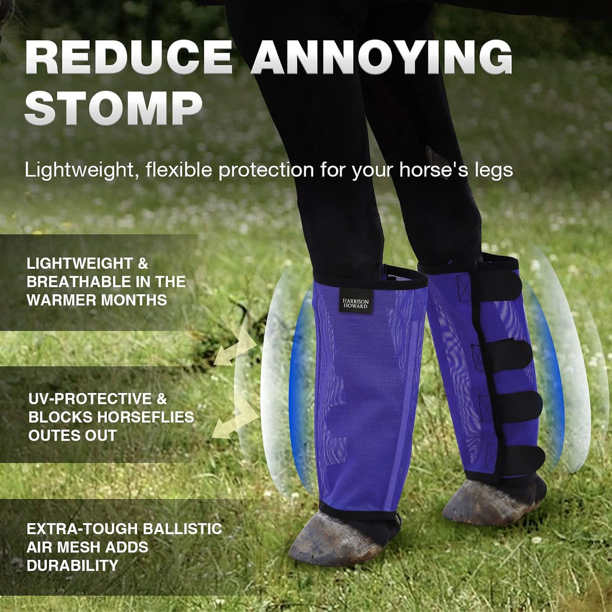Loose Fitting Fly Boots UV-Protective Extra Tough Mesh Ventilated Four Fasteners Stay-on Design Protect Horse Legs &