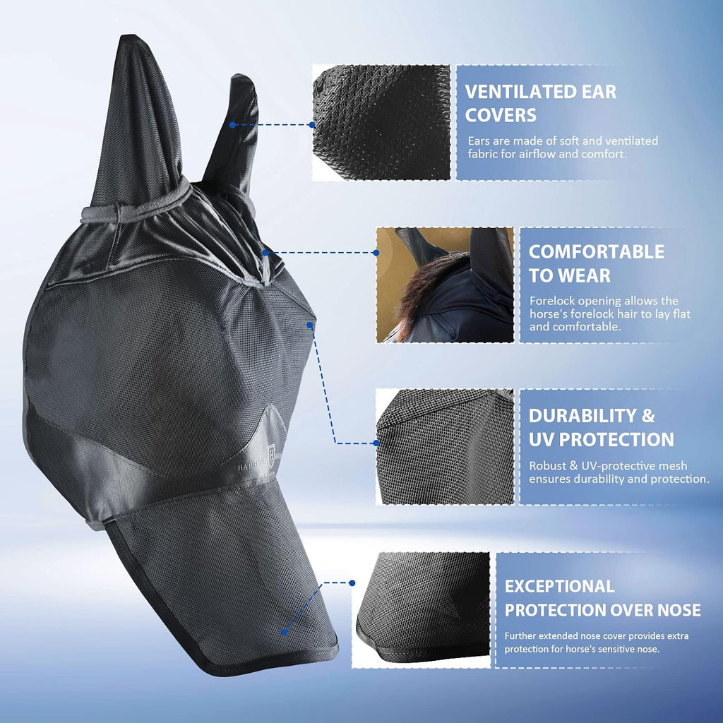 UV-Proof Forelock Opening Reliable Protection Horse Fly Mask Long Nose with Ears Black Horse Large