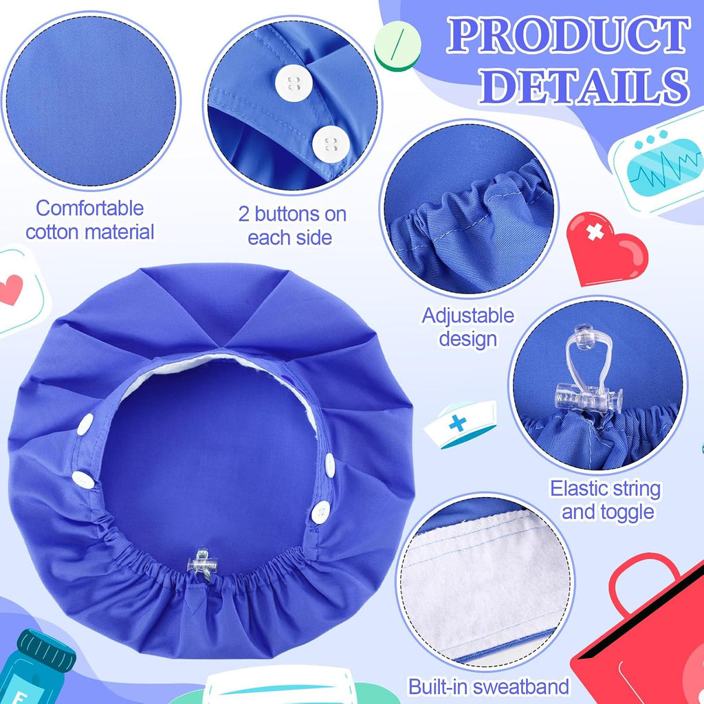 12 Pcs Bouffant Nurse Caps with Button Sweatband Adjustable Scrub Cap Elastic Surgical Tie Back Hat for Women Men