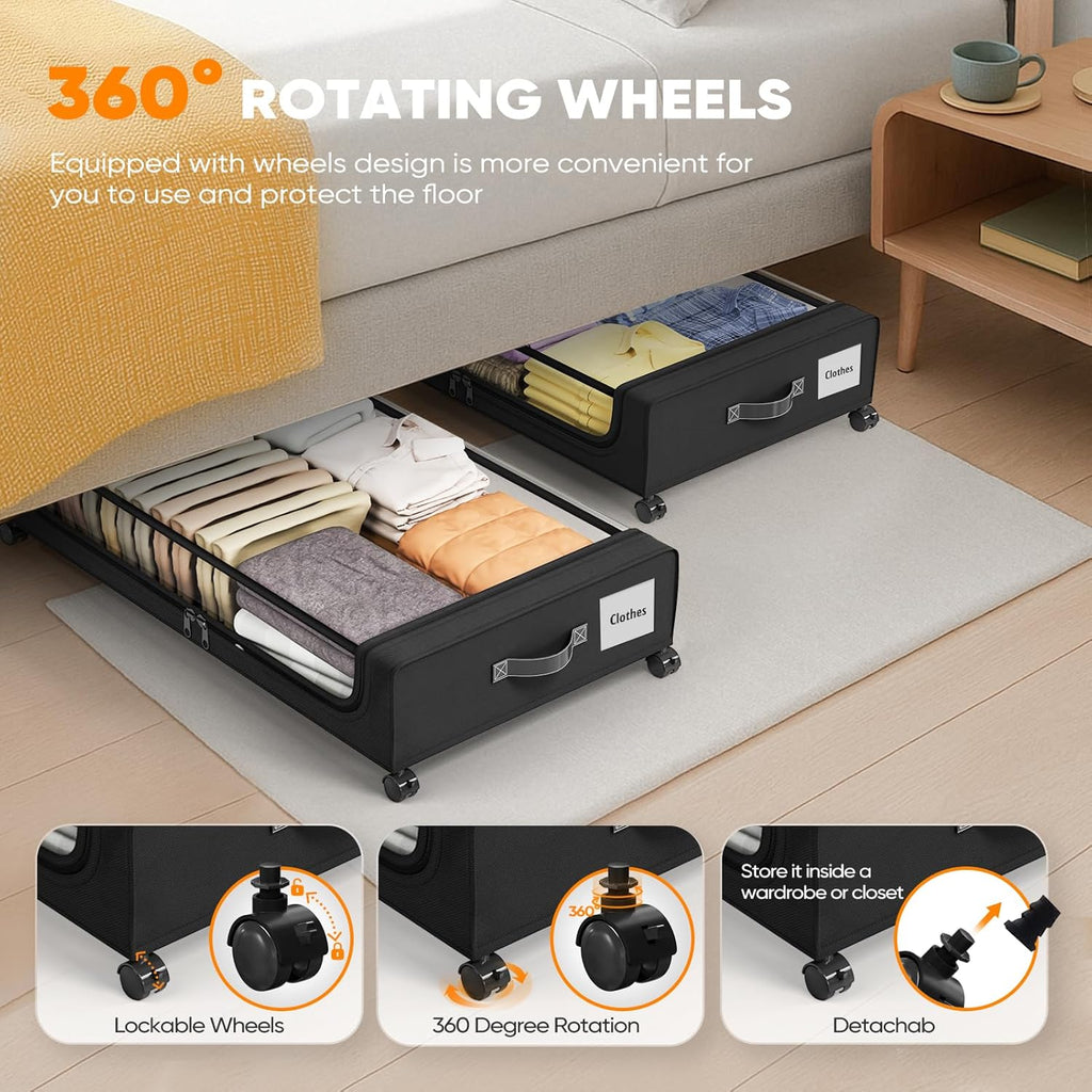 Under Bed Storage with 360° Wheels, 2-Pack, 60L Low-Profile Rolling Underbed Bins for Clothes, Shoes, Toys &