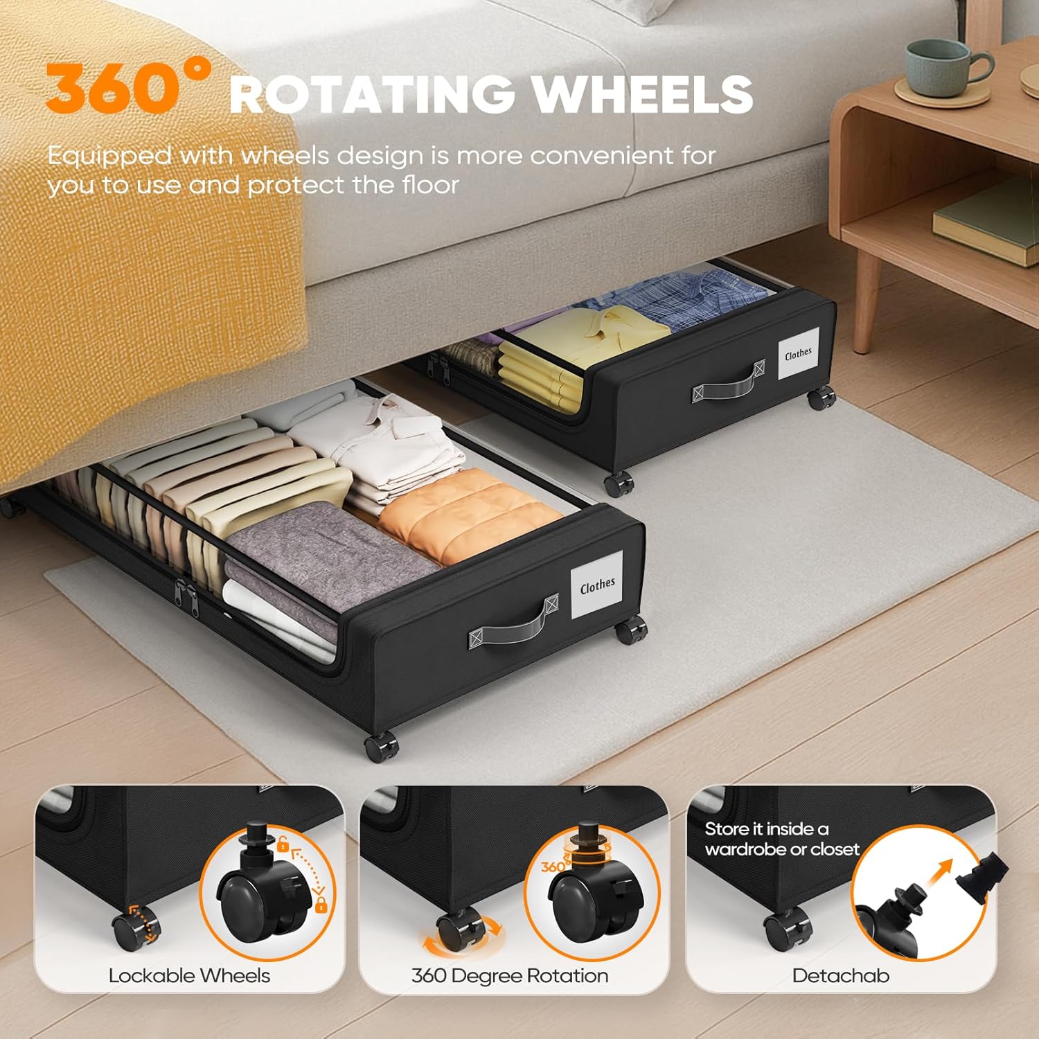 Under Bed Storage with 360° Wheels, 2-Pack, 60L Low-Profile Rolling Underbed Bins for Clothes, Shoes, Toys &
