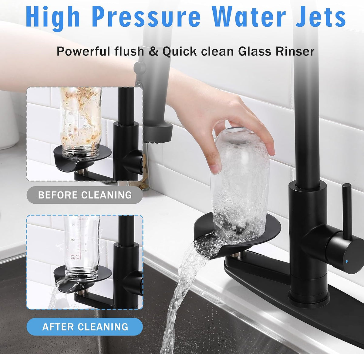 Pull Down Kitchen Faucet with Glass Rinser, 3 Spray Modes, Matte Black