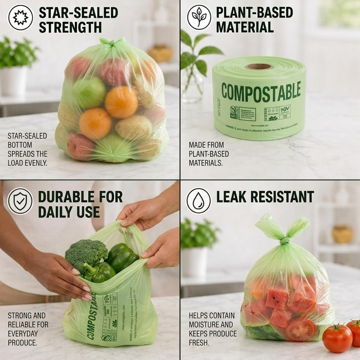 Compostable Produce Bags, 15" x 18", 1 Roll x 250