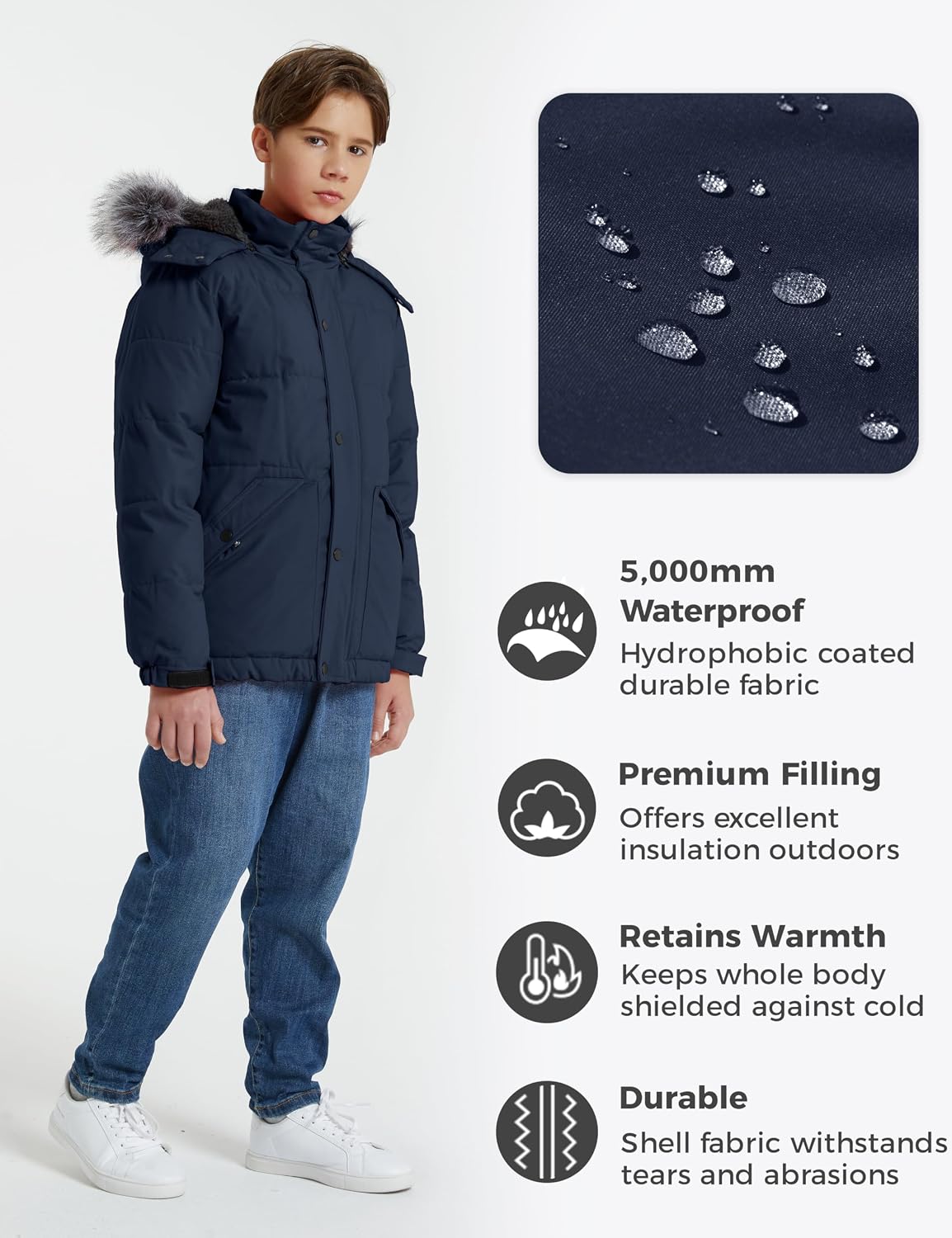 Boys' Winter Coat Waterproof Puffer Jacket with Detachable Hood | Removable Faux Fur Hood,5000mm Waterproof,Fleece