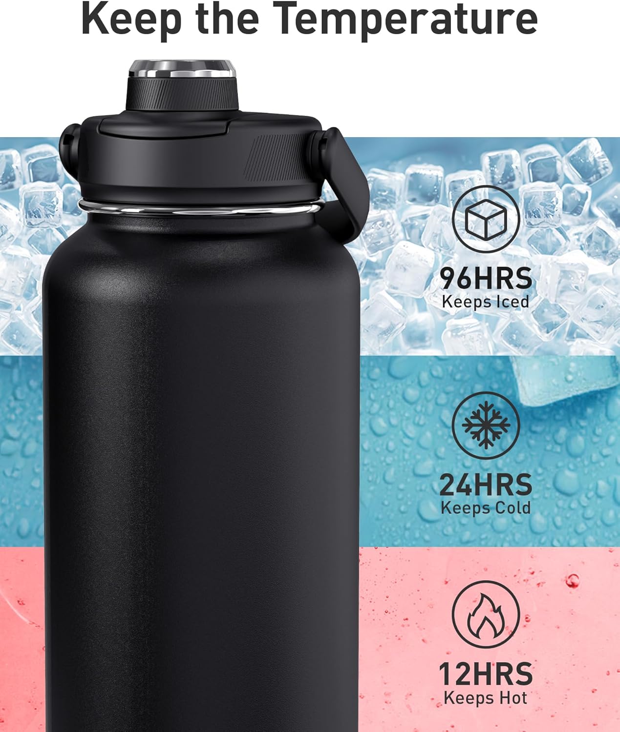 24 oz Insulated Stainless Steel Water Bottle, Obsidian | Double-wall vacuum thermal flask with top handle, leakproof
