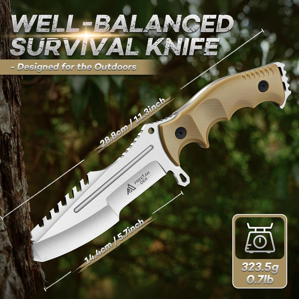 Outdoor Fixed Blade Knife, Full Tang Survival Knife with Sheath | D2 Steel Camping Bushcraft Knife with Ergonomic