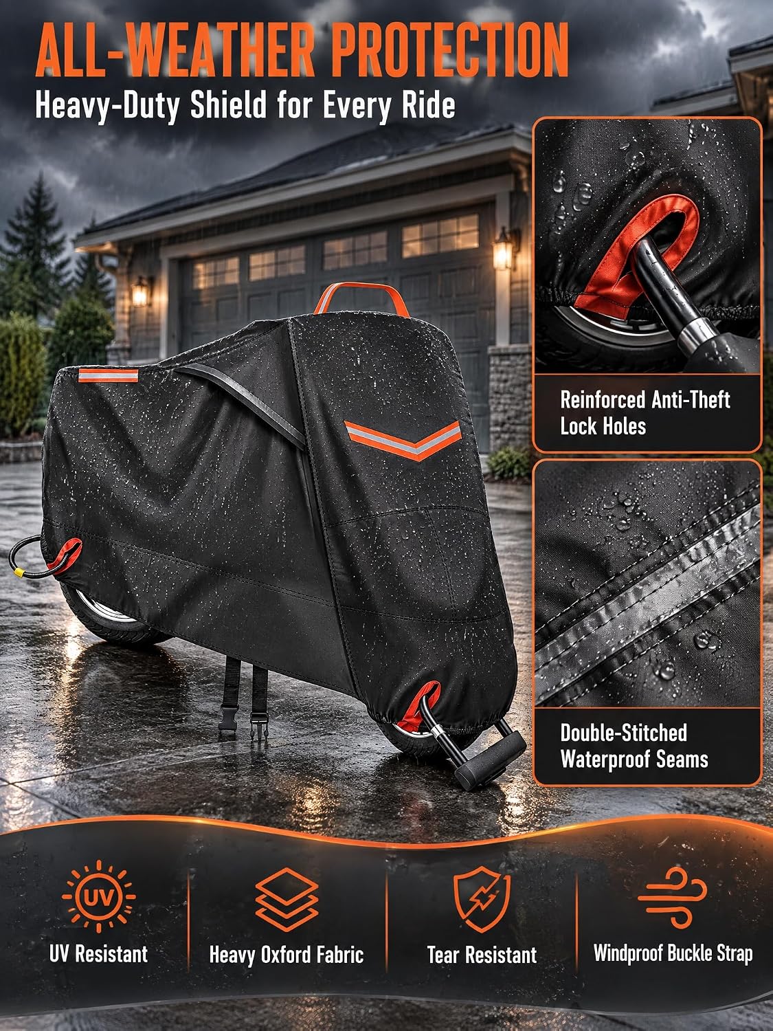 Heavy Duty Motorcycle Cover Waterproof,420DHigh Density Oxford,Nano Coating