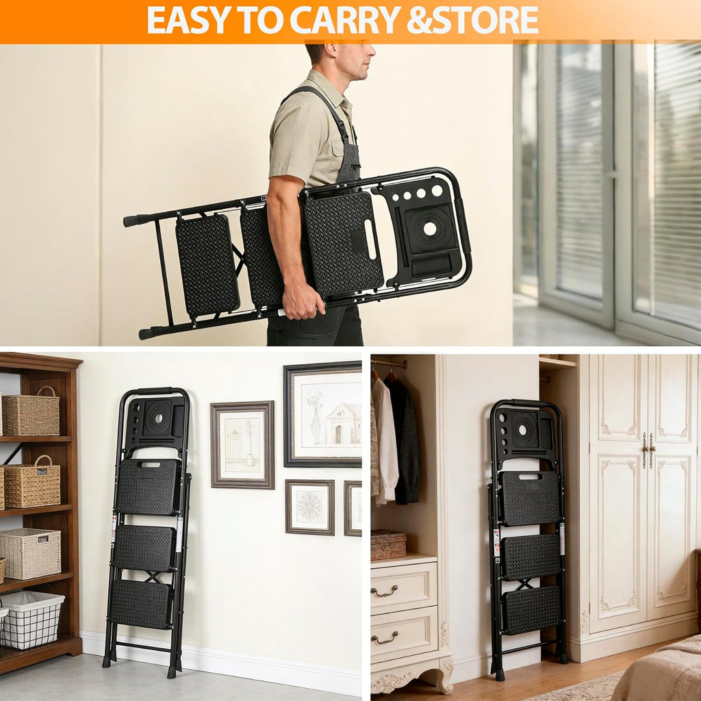 3 Step Ladder, Folding Step Stool for Adults, Portable Steel Ladder with Tool Platform, Wide Anti-Slip Pedal, Safety