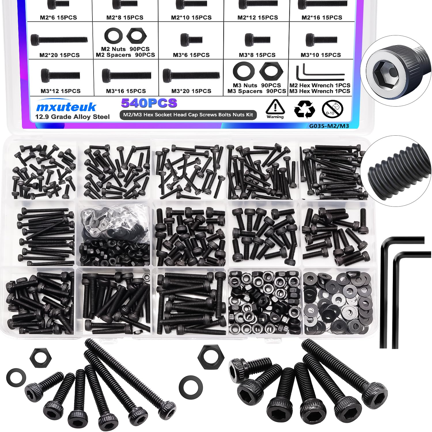 540PCS M2 M3 Metric Screws Assortment Set Suitable for 3D Printer DIY,Hex Socket Head Cap Screws Bolts Nuts Kit,12.9
