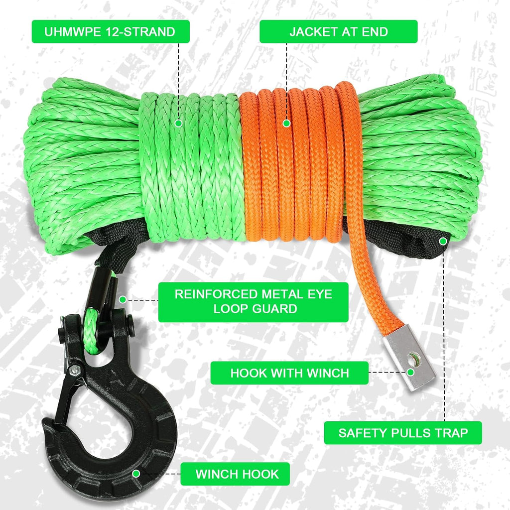 Synthetic Winch Rope,1/4" x 50 ft 10000Lbs Winch Rope Line, Synthetic Winch Cable with Protective Sleeve+Winch