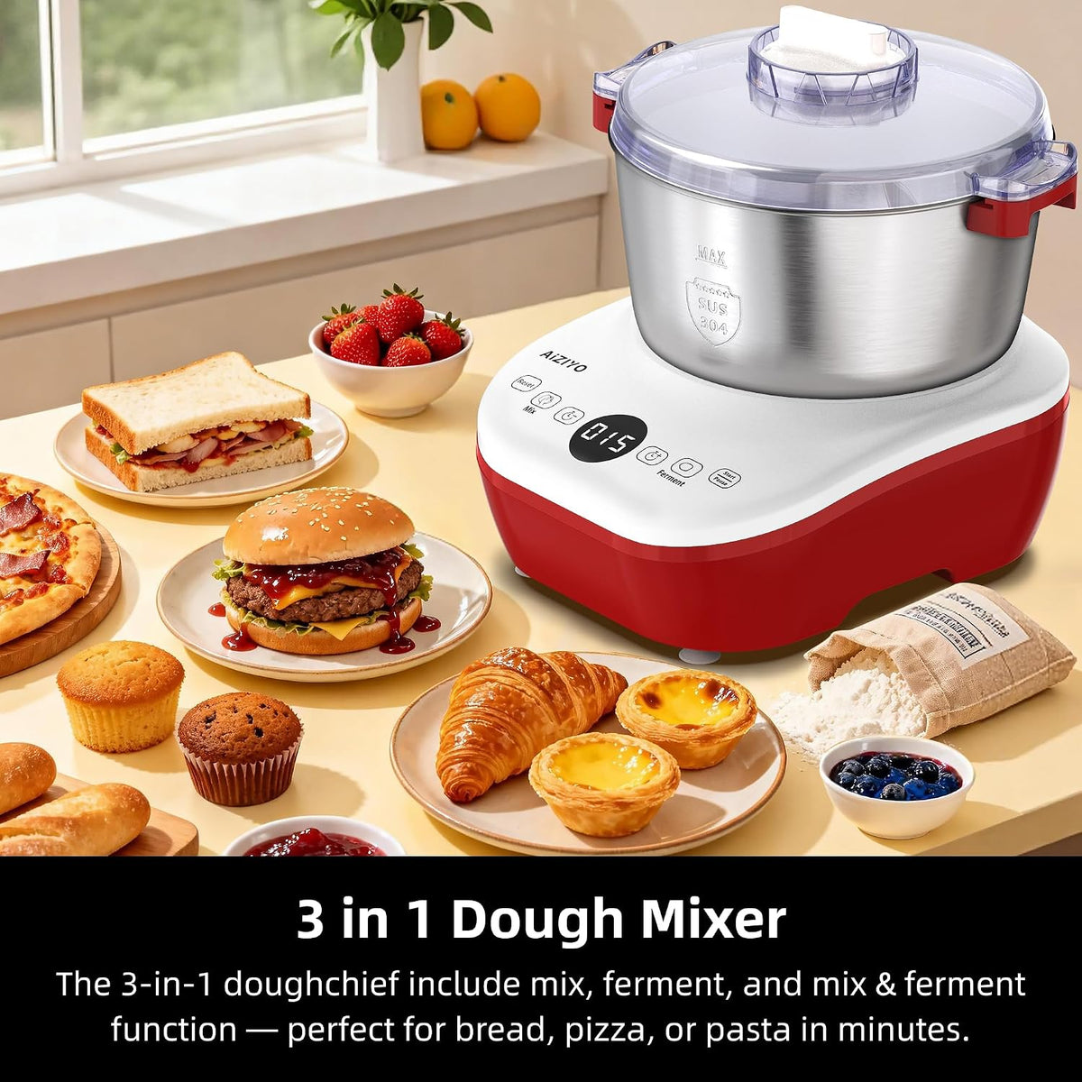 DoughChief, 7.4QT Dough Mixer, Dough Maker with Ferment Function, Bread Maker with 304 Stainless Steel Bowl