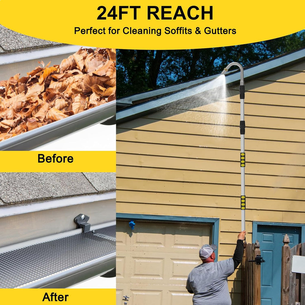 24FT Reach Gutter Cleaning Tools from Ground, Telescopic Rain Gutter Cleaners Tool with Quick Connect Adapter and