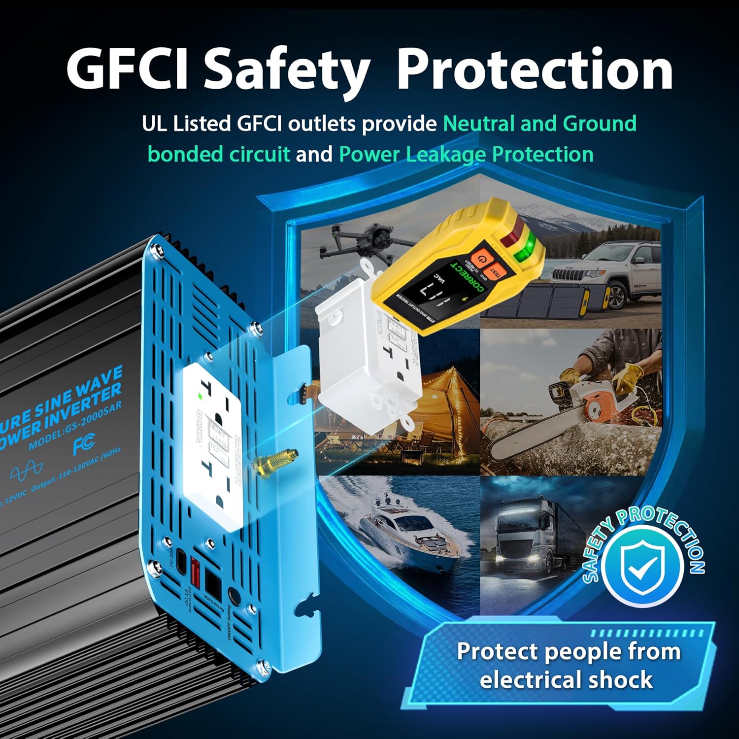 2000 Watt Pure Sine Wave Power Inverter 12V DC to 120V AC,4100W Surge Peak Power,UL Listed GFCI Outlets,FCC