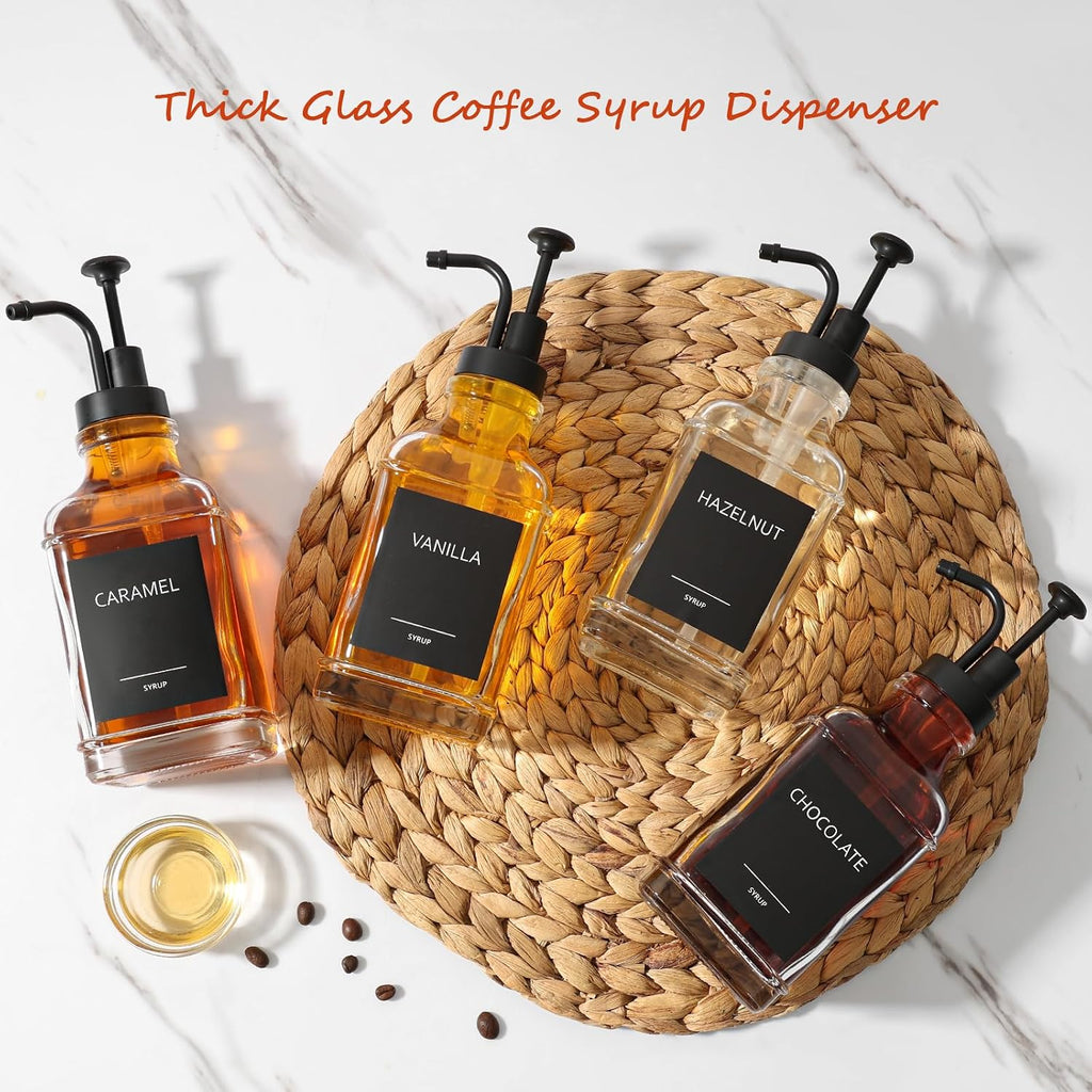 Coffee Syrup Dispenser, Coffee Bar Accessories 16.9 fl oz/500ml, Glass Syrup Dispenser with Pump Dispenser, Labels