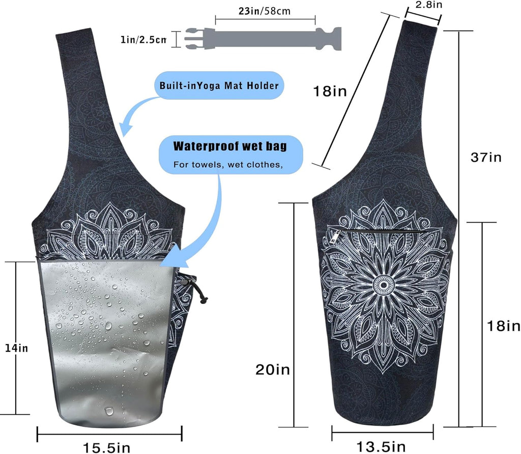 Yoga Mat Bag - Large Opening Long Tote Yoga Mat Carrier Holder Bag with Waterproof Wet Zipper Pocket and Drawstring