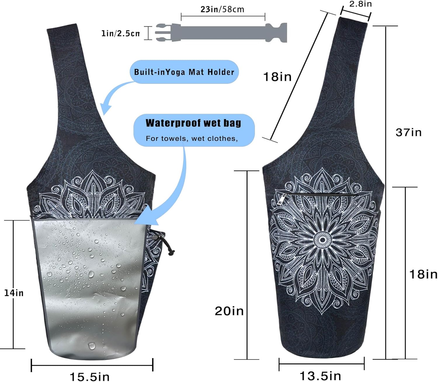 Yoga Mat Bag - Large Opening Long Tote Yoga Mat Carrier Holder Bag with Waterproof Wet Zipper Pocket and Drawstring