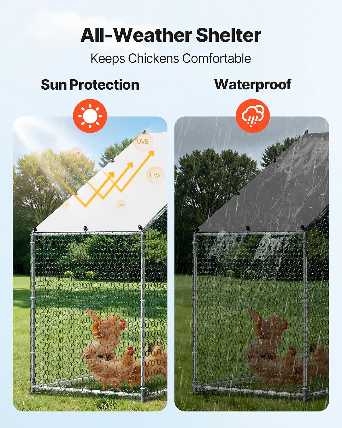 Large Metal Chicken Coop,9.8 x 3.3 x 6.6 ft, Walk-in Chicken Run House with Waterproof Cover & Sturdy Frame, Spire