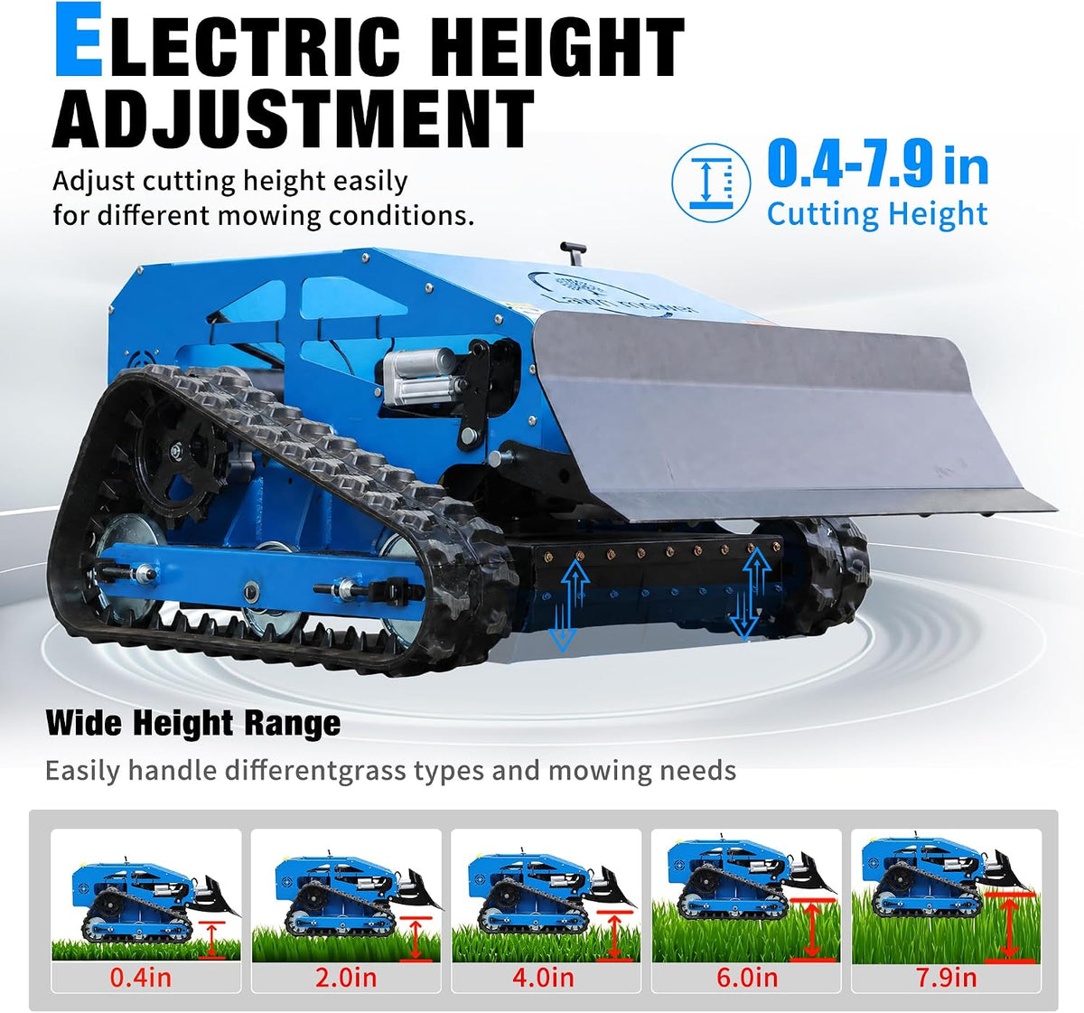 Remote Control Lawn Mower Robot Crawler with Snow Plow Attachment-Range 600m, Hybrid Gas-Electric Power, 9HP Gasoline