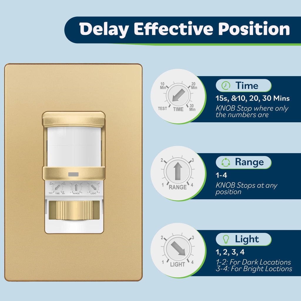 in Wall PIR Motion Sensor Light Switch, Need Neutral Wire, Gold