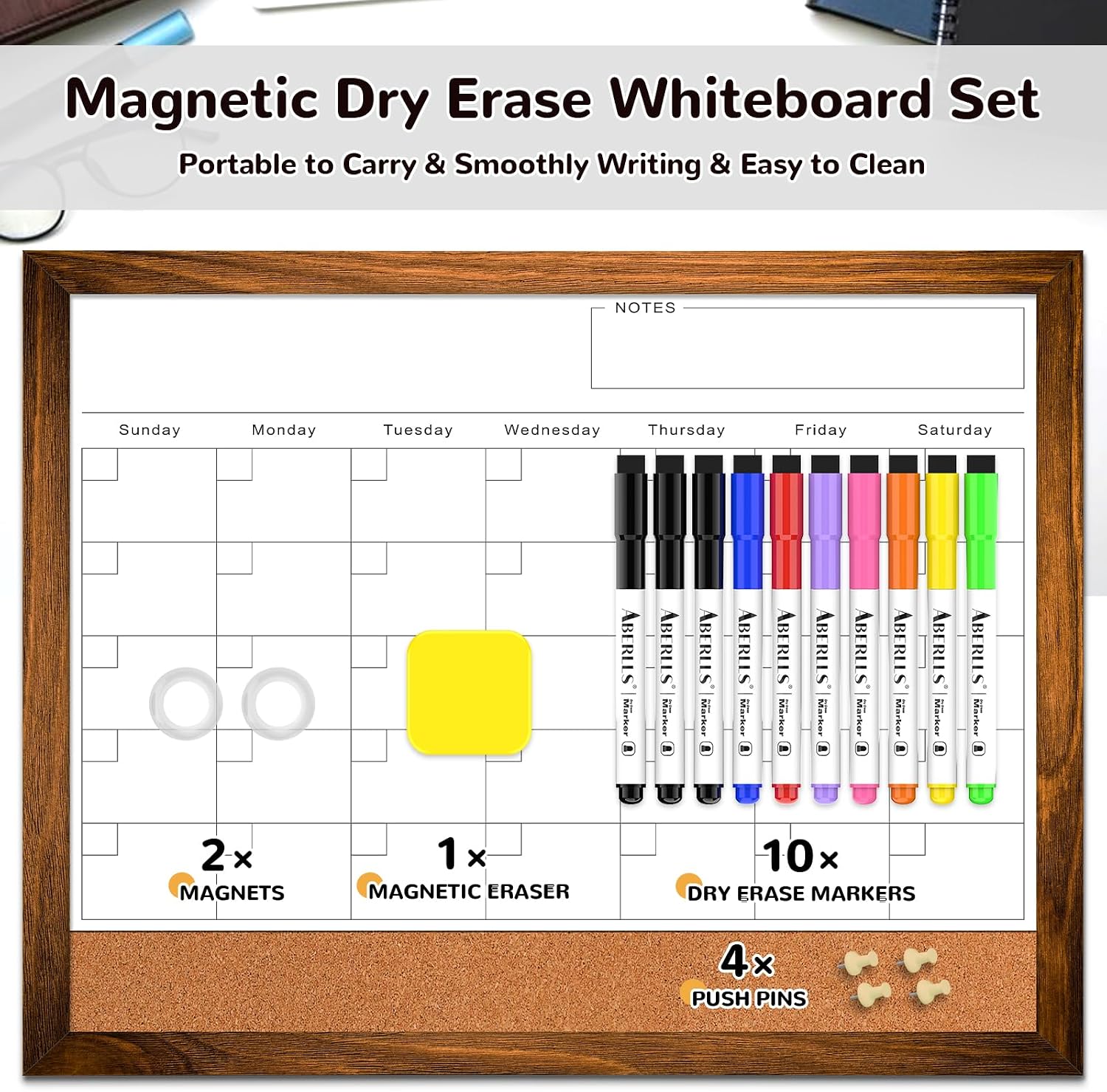 Dry Erase Monthly Calendar Board for Wall, 17"x13" Hanging Board, Magnetic White Boards, Rustic Brown Wood Frame