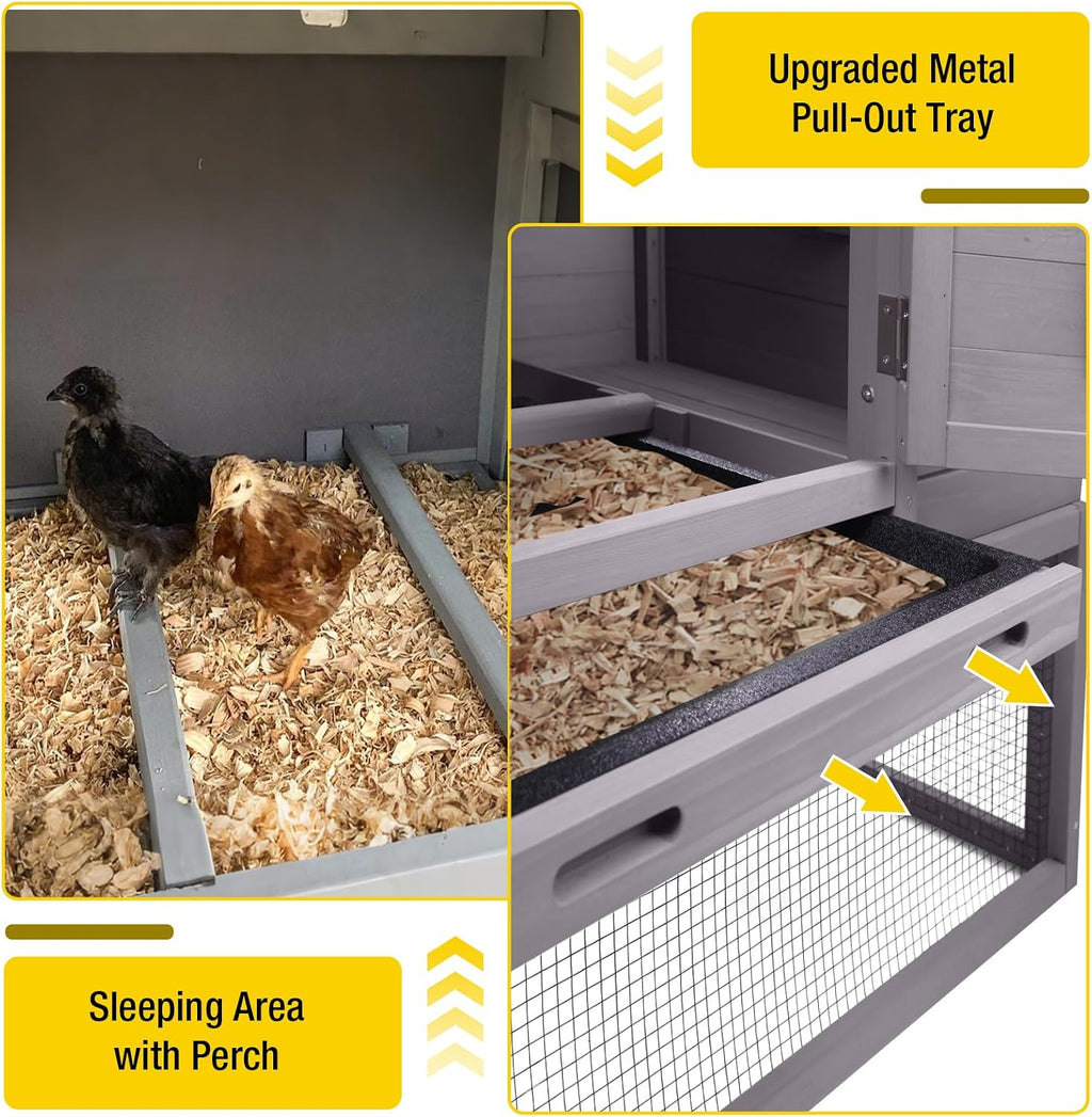 Wooden Chicken Coop, Large Chicken Tractor with Wheels, Weatherproof Hen House with Nest Box and Removable Tray