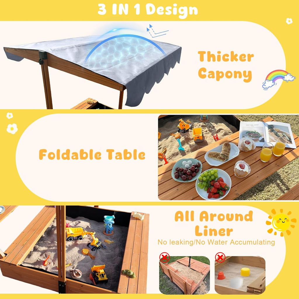 Wooden Sandbox with Lid, Outdoor Sandbox with Foldable Picnic Table, Sandpit with UV-Resistant & Adjustable Capony