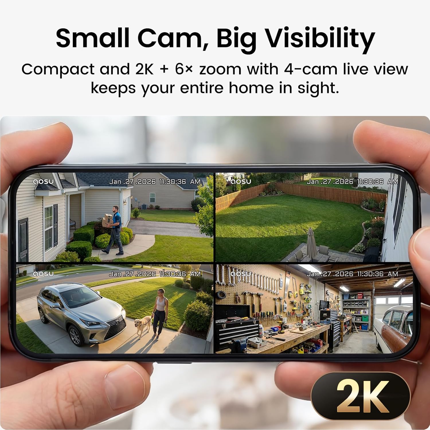 Wireless Outdoor Security Camera Kit with aosuBase Local Storage, 2K with 6X Zoom, 4-View Live, Cross-Camera Person