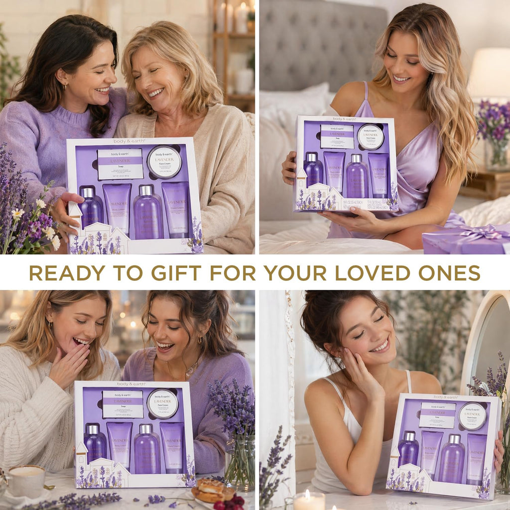 Bath and Body Gift Set - 6 Pcs Lavender Bath Kit for Women Spa Set, Birthday, Mother's Day Gift Set for Women