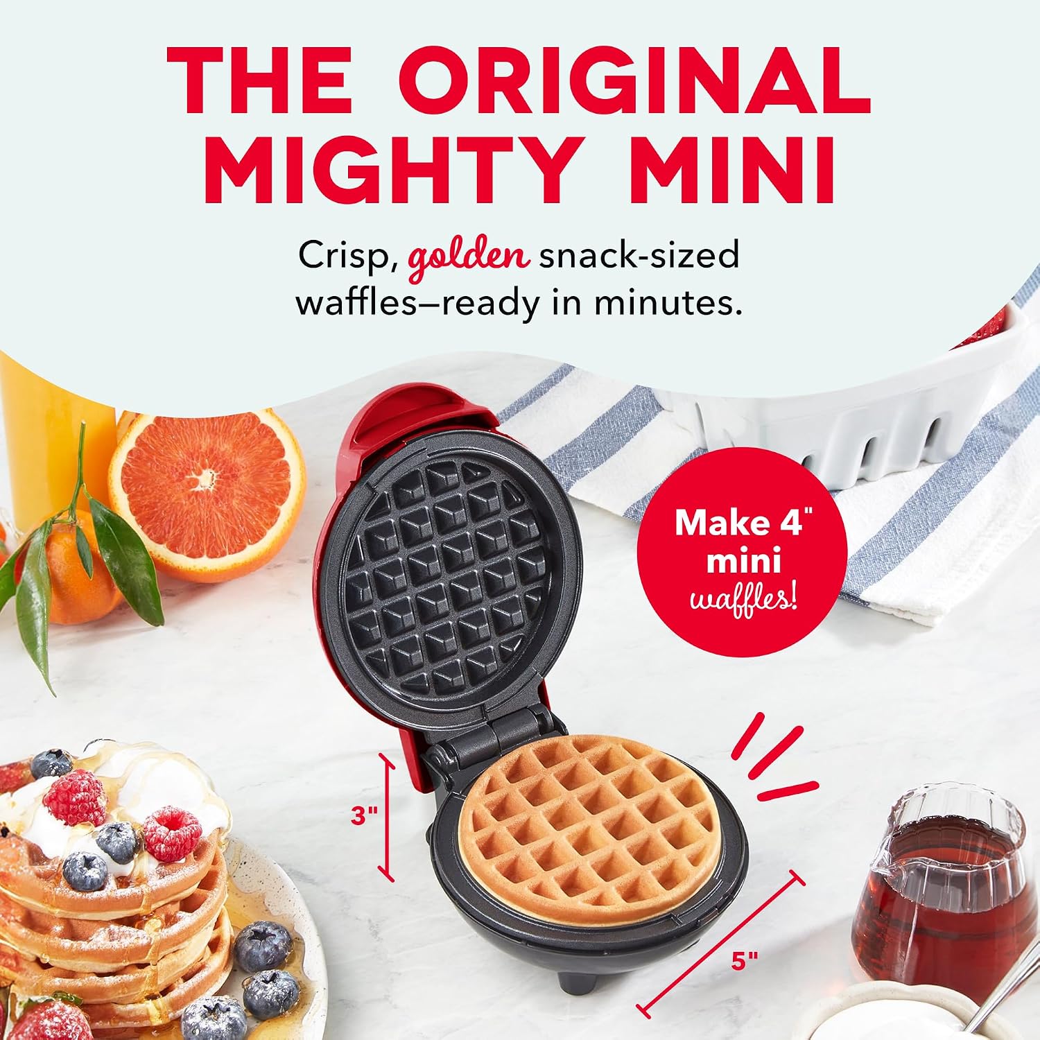 Mini Waffle Maker, 4-Inch Nonstick Cooking Surface, Red | Small Waffle Iron for Dorms & RVs, Chaffle Maker & Compact
