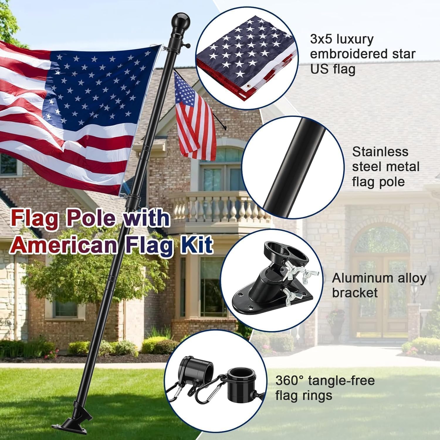 American Flag with Pole - Includes 5ft Heavy Duty Flag Pole Holder for Outside House,3x5 Embroidered US Flag and Wall