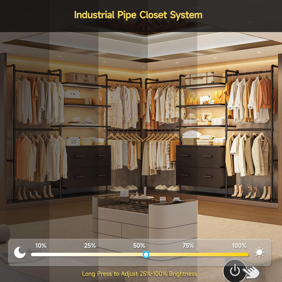 T4 Closet System with Stepless Dimmable LED Light & Drawers, Black
