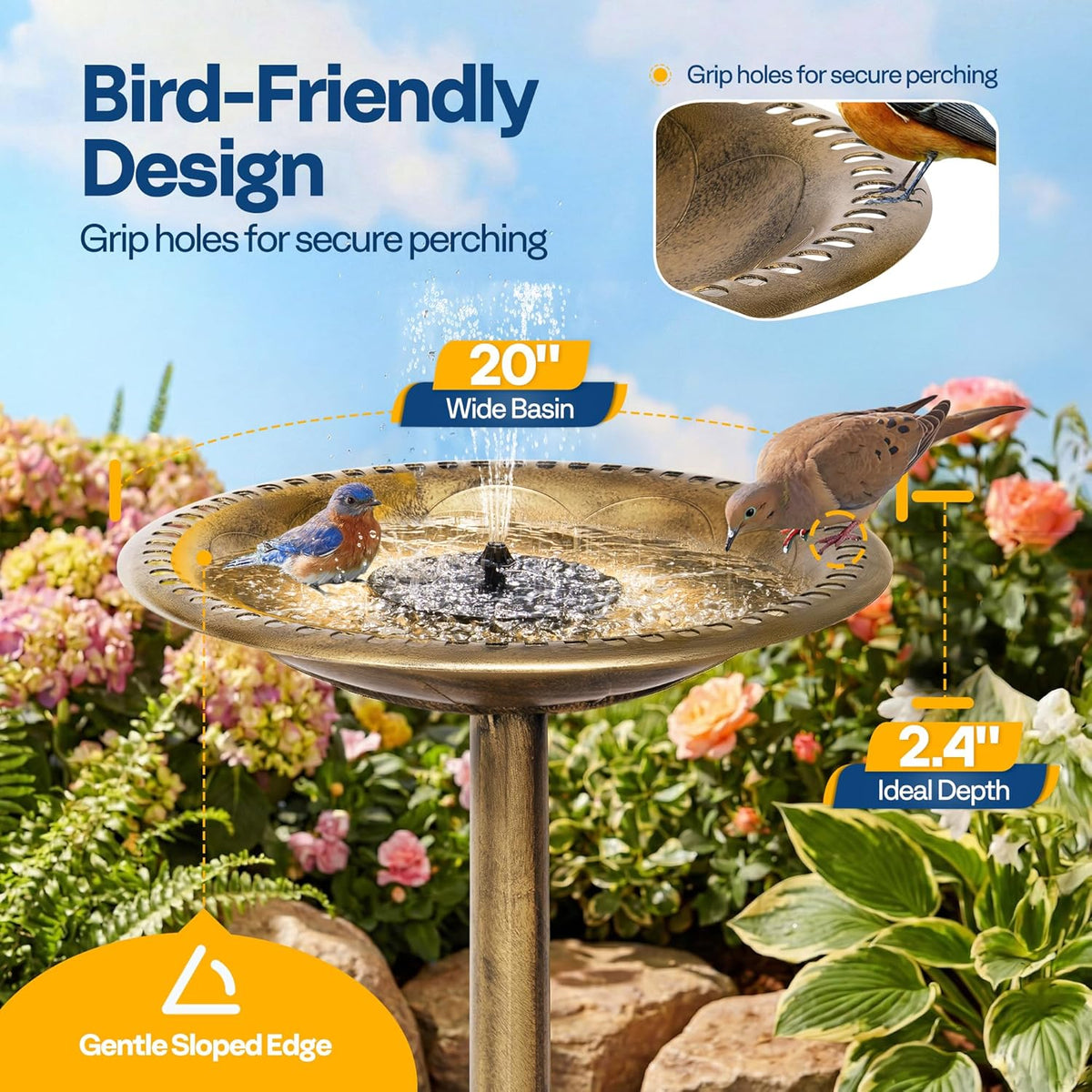 Bird Bath with Solar Fountain for Outside, Pedestal, Golden