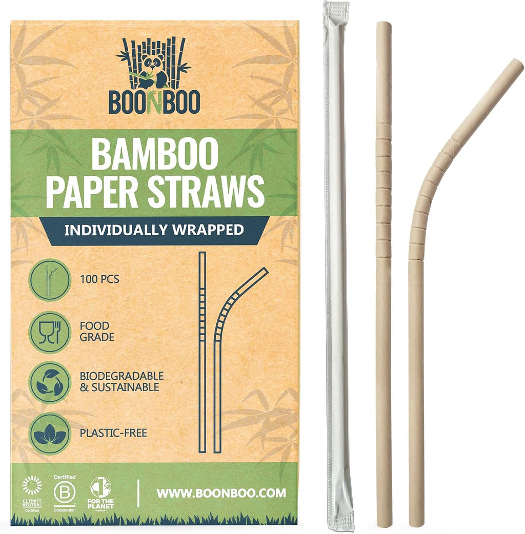 Bamboo Paper Straws, Individually Wrapped, Bendable, PFAS-Free, 100 Counts