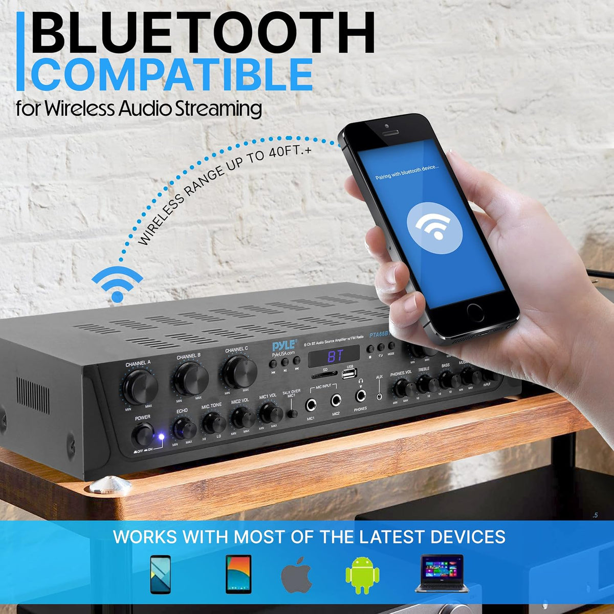 Bluetooth Home Audio Amplifier - 6 Channel Stereo Receiver Amp, 600 Watt Power, Commercial or Karaoke with Mic