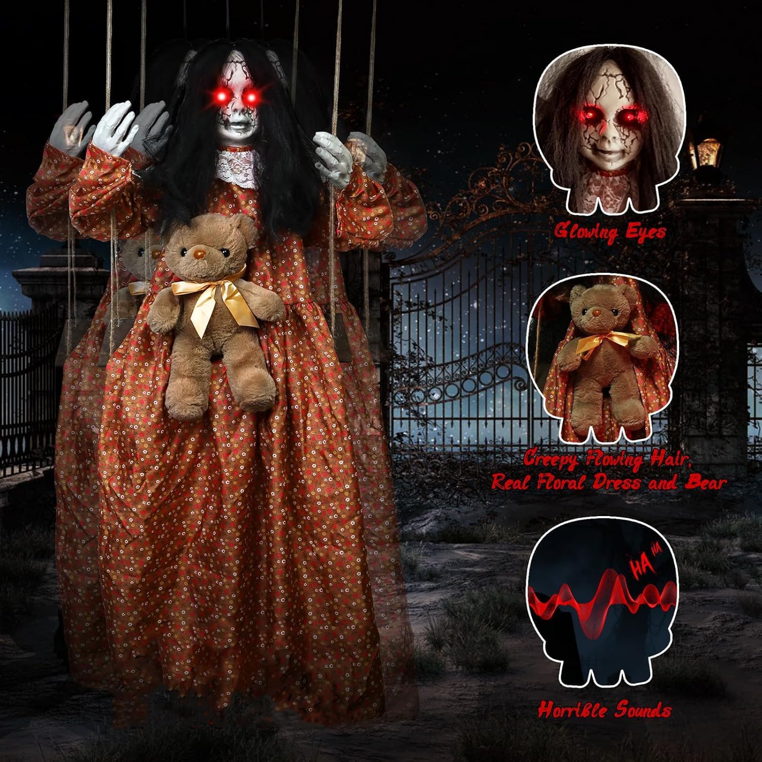3.9 Ft Halloween Decorations Animatronics Hanging Swinging Girl with Creepy Sound/Light Up Eyes/Scary Expression