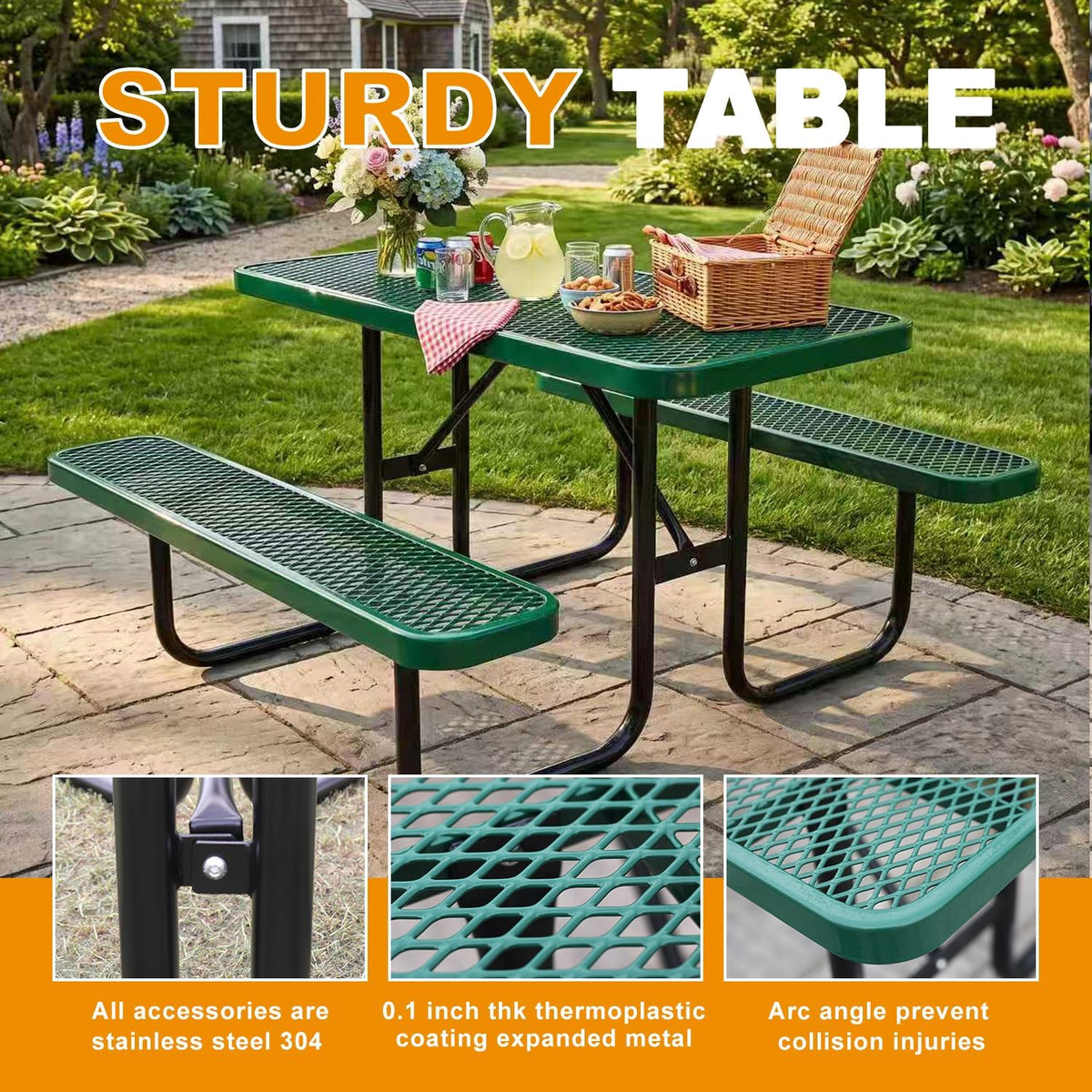 4ft Heavy-Duty Commercial Metal Outdoor Picnic Table, Green