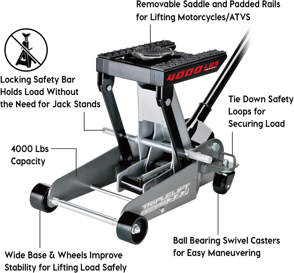2 Ton Triple Lift Floor Jack, Lifts Cars, Trucks, Motorcycles, ATV's, Transmissions, Tie-Down Loops, Locking Safety