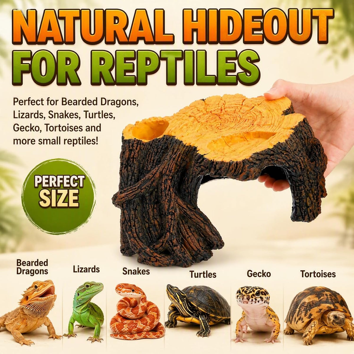 Reptile Hide Cave, 3 in 1 Tree Stump with Basking Platform