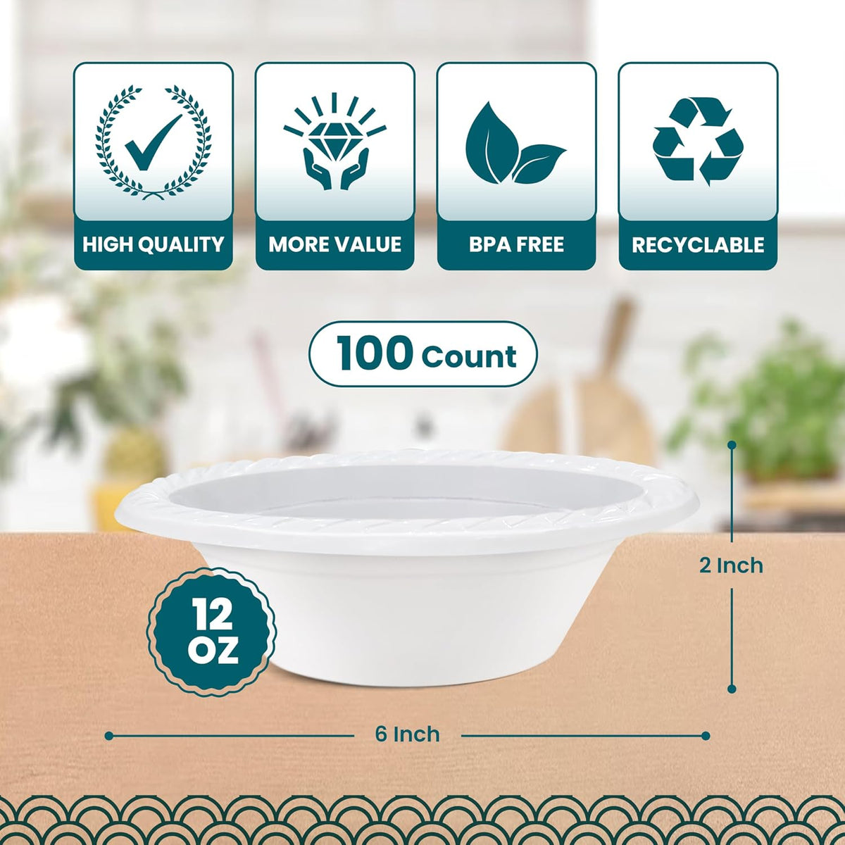 Plastic Bowls - 100 Count Microwavable Disposable Bowls - Strong Heavy Duty And Sturdy White Plastic Bowls Disposable