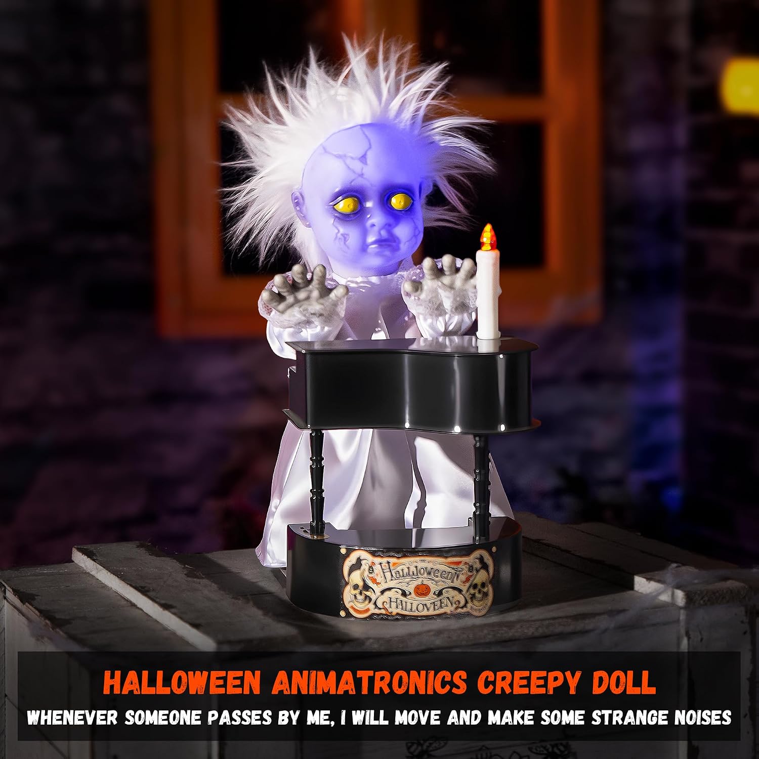 Halloween Animatronics Decorations, 13.7'' Creepy Doll with Piano, Animated Doll with Sound Activated, Scary Voice