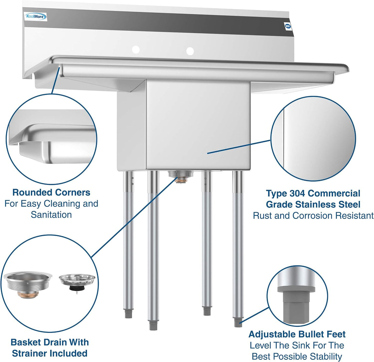 1 Compartment Stainless Steel NSF Commercial Kitchen Prep & Utility Sink with 2 Drainboards - Bowl Size 14" x 16" x