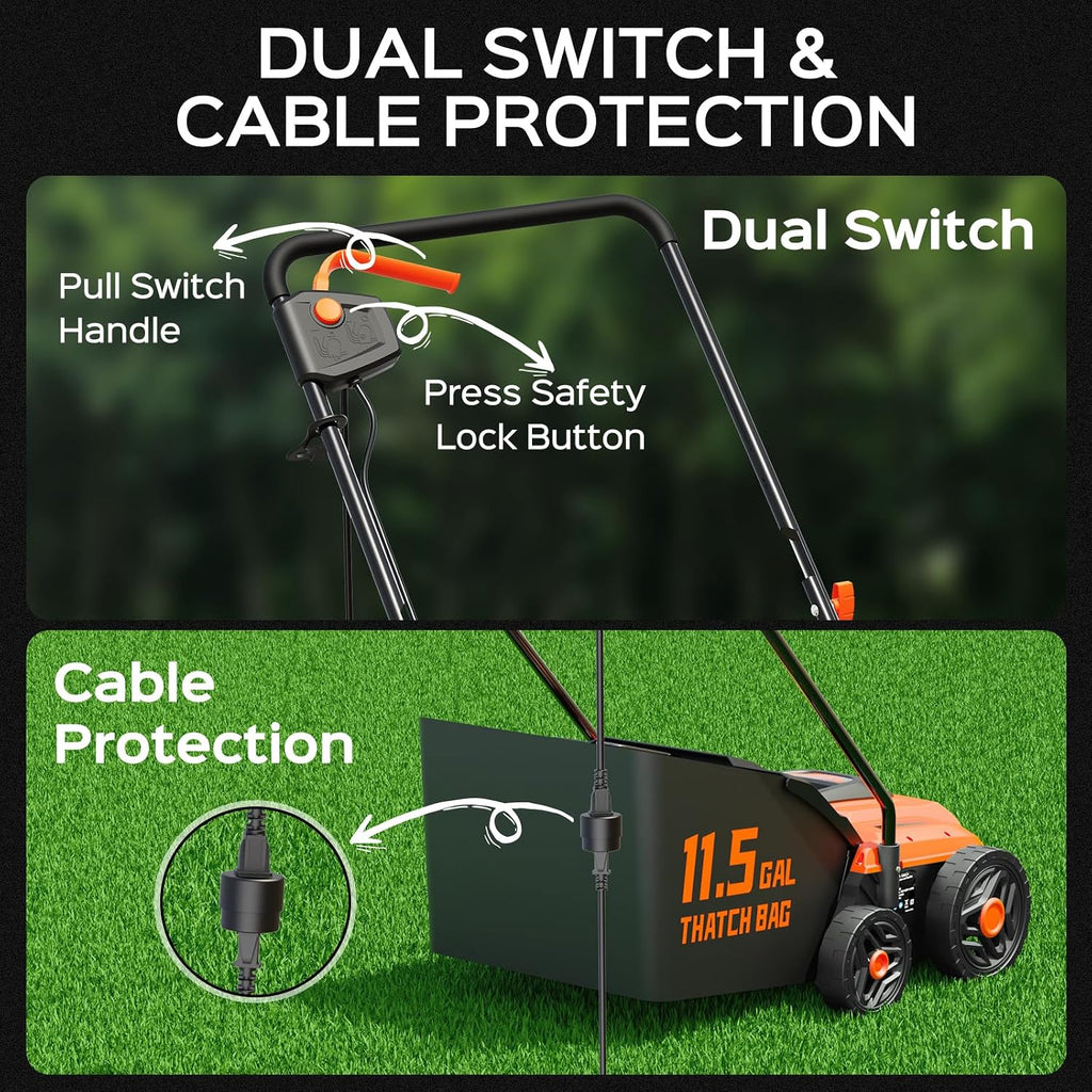 14-Inch 13.5 Amp 2-in-1 Electric Dethatcher and Scarifier with 11.5-Gallon Collection Bag, Lawn Dethatcher with