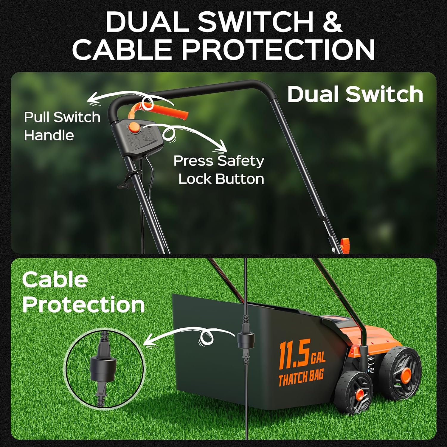14-Inch 13.5 Amp 2-in-1 Electric Dethatcher and Scarifier with 11.5-Gallon Collection Bag, Lawn Dethatcher with