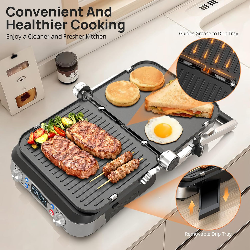 6-in-1 Indoor Grill and Griddle, 14’’, Electric Grill Indoor,1700W | 90-Minute Timer, Reversible nonstick grill &