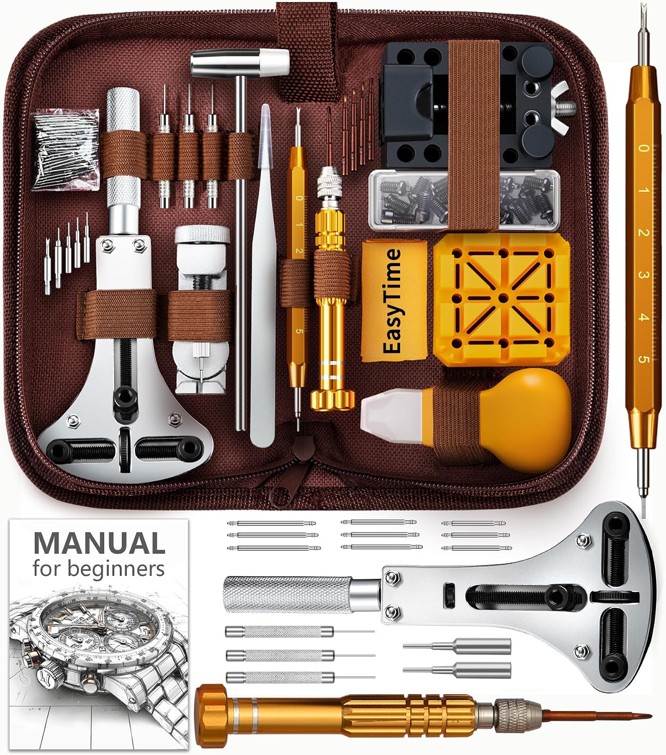 Beginners Watch Repair Kit: 149PCS Watch Tools with Manual for Link Removal and Battery Replacement - 108 Spring Bars