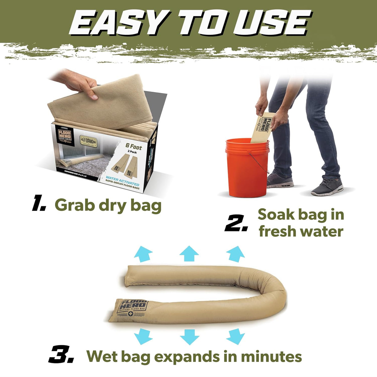 Flood Hero 6 ft Water Activated Sandbags - 2 Pack Flood Bag Barriers for Home
