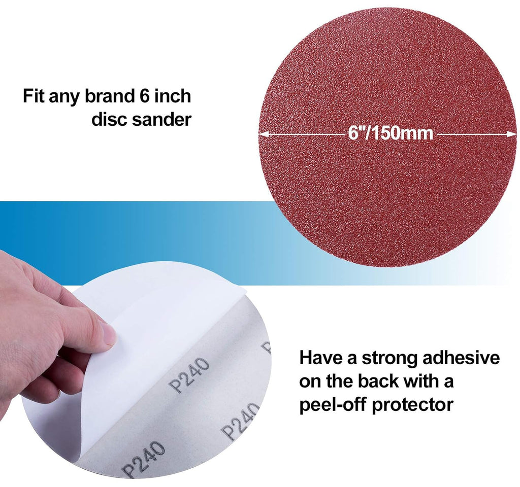 Premium PSA Sanding Discs 6 Inch 100 PCS 60 80 120 180 240 320 400 600 800 1000 Grit Aluminum Oxide Self Stick