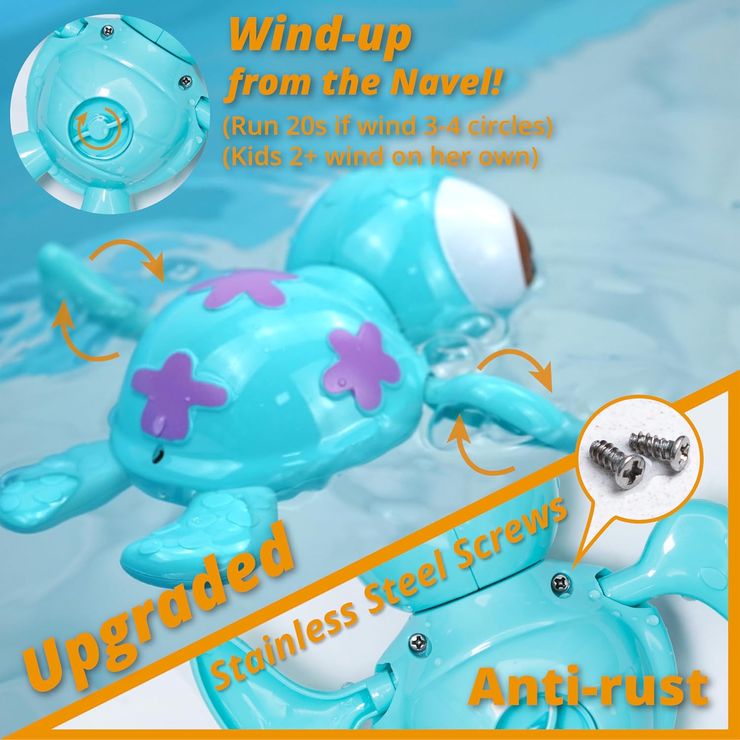 Wind-up Swimming Sea Turtles Bath Toy, No Battery Mold-Free Anti-Rust Interactive Montessori Toy for Kids 18M+ (Blue)